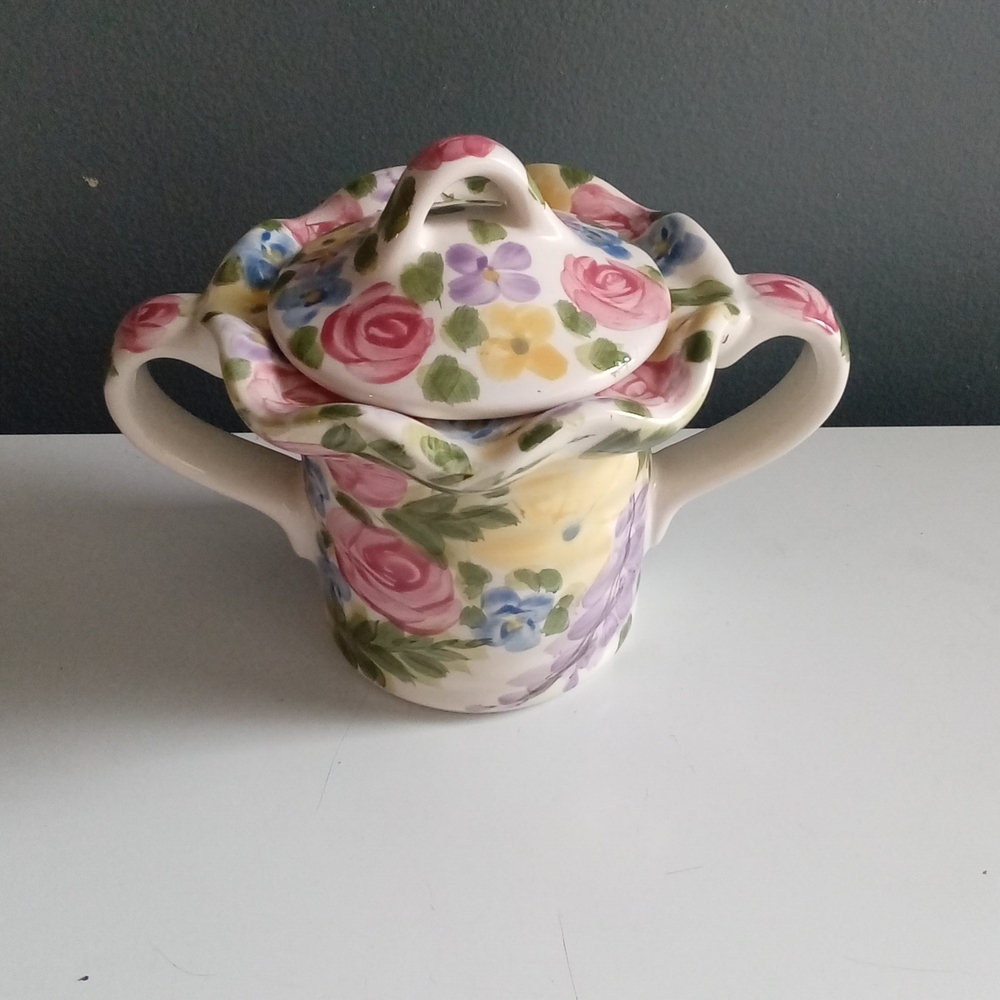 Vintage Hand Painted Floral Sugar Bowl with Lid and Handles‎